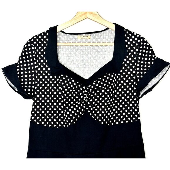 Acevog Womens Dress Retro Polka Dot Swing Cap Sleeve Black White Size Large - Picture 3 of 9